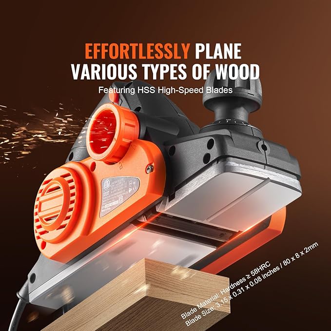 VEVOR Electric Hand Planer, 3-1/4" Width Corded, 16500 RPM High-Speed Powerful Handheld for Woodworking, Wood Chamfer DIY, Smooth Finish Carpentry Tool, FCC-SDoC