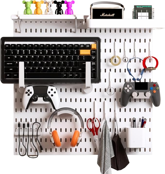 Keepo Pegboard Combination Kit, Modular Hanging Organizer with Pegboards, Accessories for Gaming Setup, Wall Game Controller Holder, Headset Stand (White, 22"22")