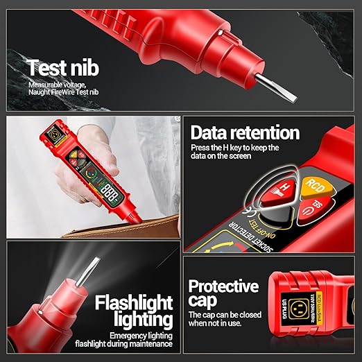 Non Contact Voltage Tester Outlet Receptacle Detector Dual Range AC 2-440V,50Hz-60Hz Live/Neutral Wire Tester with LCD Display,Breakpoint Finder,Light Fuse Checker,Circuit Polarity Wall Plug Tool(Red)