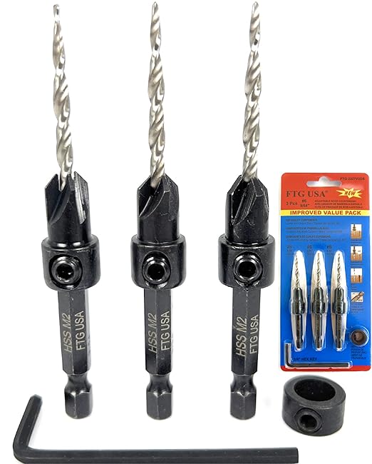 FTG USA Countersink Drill Bit Set for Wood with Tapered Drill Bit 3 Pc #6 (9/64")