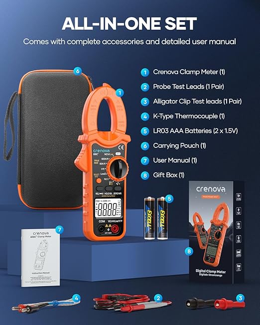 Crenova Digital Clamp Meter Multimeter 6000 Counts TRMS Voltage Tester Amp Meter for AC/DC Current/Voltage,Resistance,Capacitance,Frequency,Duty Cycle,Temperature,Continuity,Diode,NCV,Live Wire Test