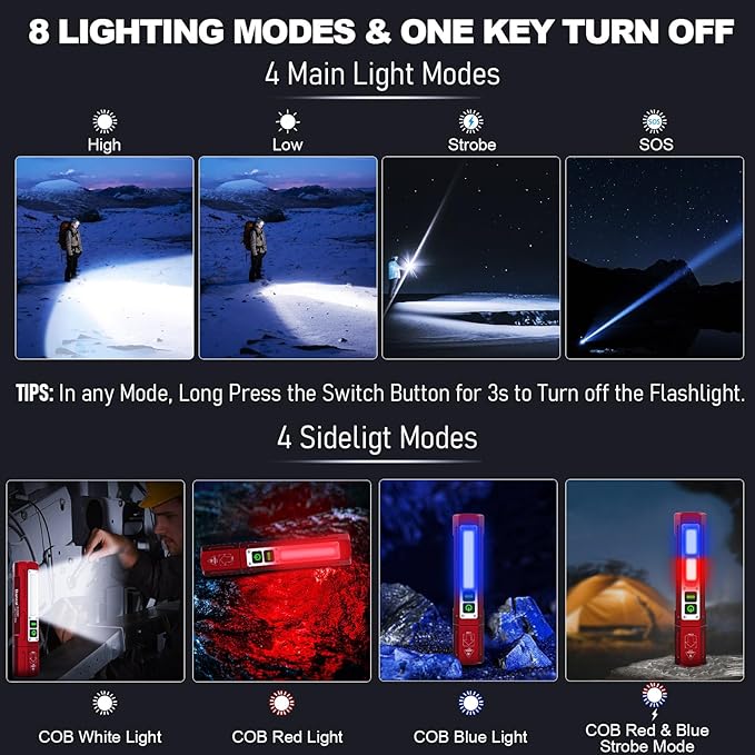 Rechargeable Flashlights High Lumens - Super Bright Small Pocket Magnetic Flashlight, 8 Modes LED Tactical Flash Light, Dual Button Powerful Flashlight for Camping (1, Red)