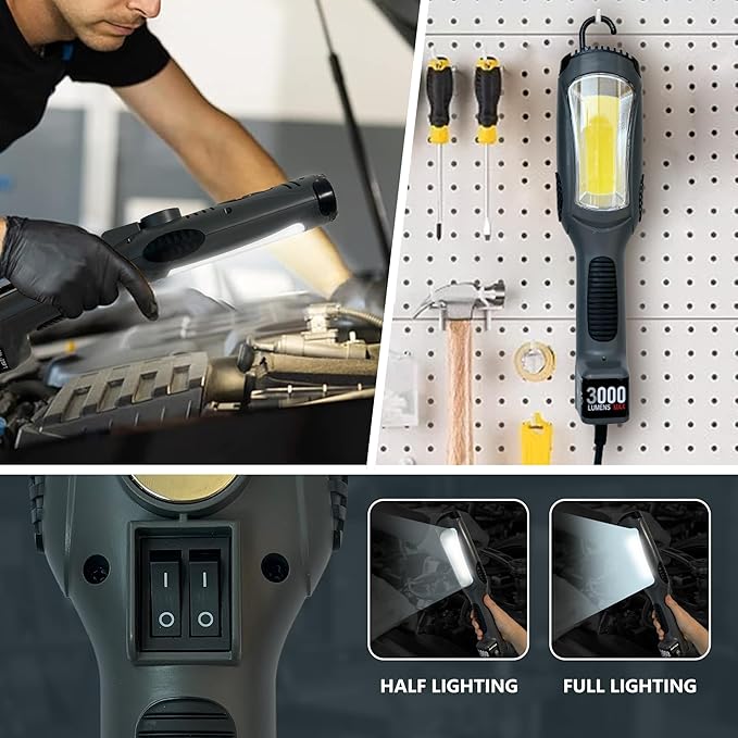 Portable Corded LED Work Light with Outlet in Handle, COB LED, 3000 Lumen 25ft 16AWG 3C SJTOW Cord Handheld Work Light, Strong Magnet, Swivel Hook for Mechanic, Garage, Workshop, Car Repair