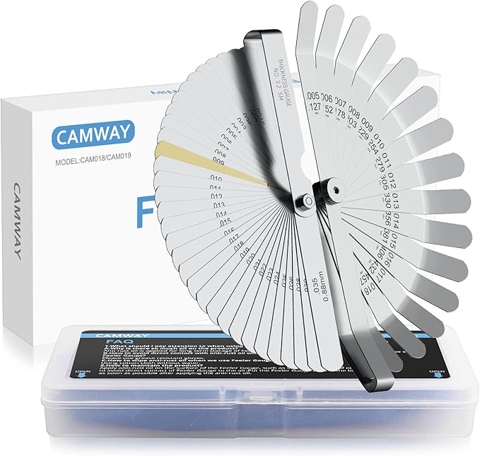 CAMWAY 2Pcs Feeler Gauge Set Steel Metric/Inch 32 Straight Blade Steel Feeler Gauge+16pcs Feeler Gauge 45º Blades Offset for Measuring Gap Width Thickness Valve Spark Plug Gaps Measuring Tools
