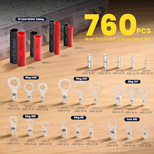 haisstronica Non Insulated Wire Connectors Kit 760 PCS - AWG 26-10 Tinned Copper Electrical Crimp Terminals with 3:1 Heat Shrink Tubing for Automotive, Marine, Industrial Wiring