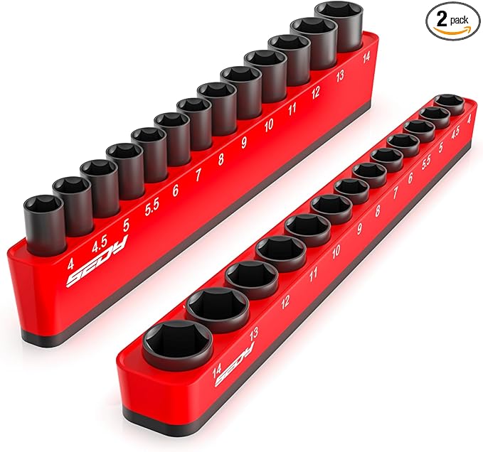 2-Piece 1/4"-Drive Metric Magnetic Socket Organizer Set (Holds 26 Sockets) - Detachable Tool Tray with 5mm Magnetic Base, Screw-Fixed Design & Heavy-Duty Modular Storage for Garage/Home Workshop