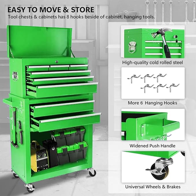 8 Drawers Rolling Tool Chest - Tool Box Organizer with Wheels and Drawers, Detachable Storage Cabinet with Lock for Garage Workshop, Green