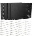 Heavy Duty 4 Panel Metal Peg Board with 32 Sturdy Hooks, Wall Pegs for Garage Organization, Garden Tools, Peg Board Organizer Accessories(Black,32" X 24")