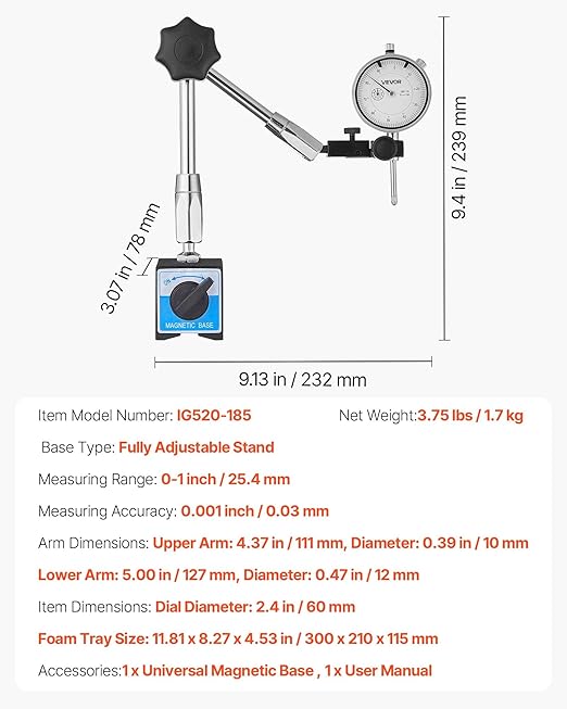 VEVOR Dial Test Indicator with Magnetic Flexible Base Stand, 0.001 inch Accuracy, 0-1 inch Range, Fine Adjustable Long Arm, Professional for Machine Set-Up, Narrow Area Measurement, Easy to Read