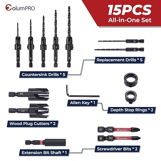 15PCS Countersink Drill Bit Set, Woodworking Tapered Drill Bits, Plug Cutter, 1/4" Hex Shank