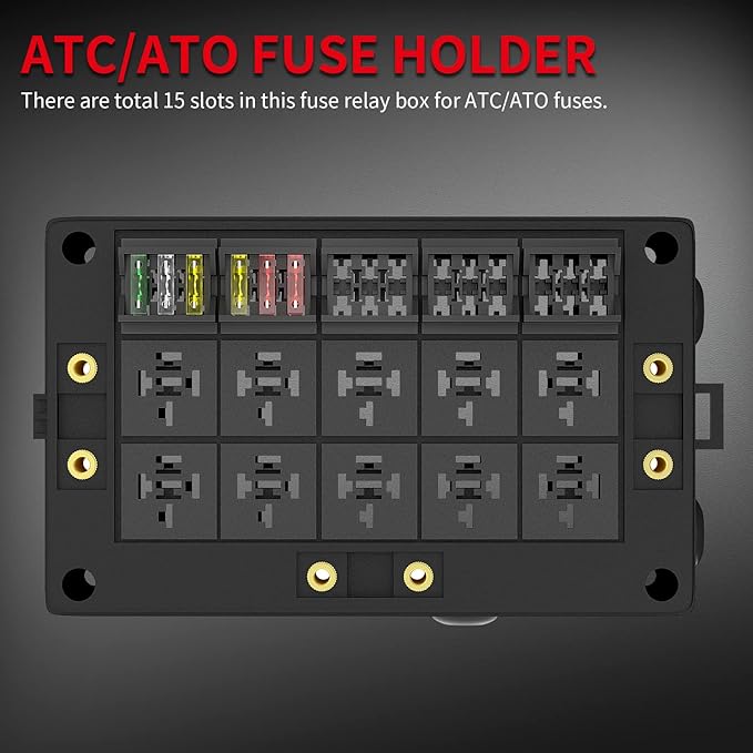 DAIERTEK Fuse Relay Box 12V Automotive 10 Slots Relay Holder 15 Slots ATC/ATO Fuse Holder Universal Fuse and Relay Box Block for Automotive Truck Marine Boat
