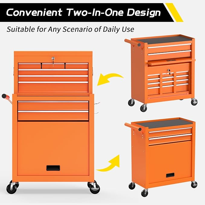 On Shine 8 Drawer Rolling Tool Chest, Large Capacity Rolling Tool Box with Wheels, Locking Mechanical Tool Chest, Portable Tool Box with Sliding Drawers,Metal Tool Box for Garage Workshop (Orange)