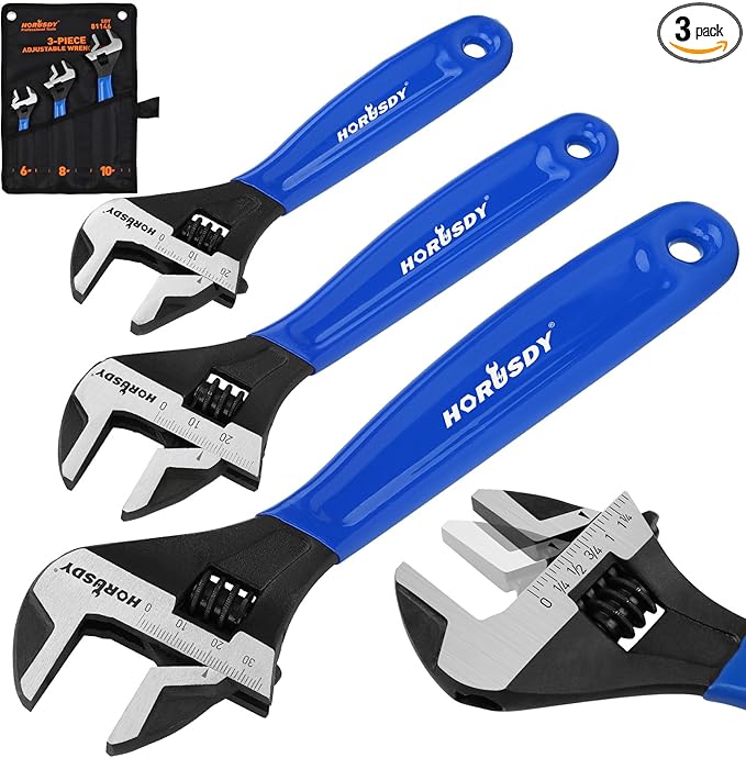 HORUSDY 3 Piece Adjustable Wrench Set, Wide Jaw Black Oxide Wrench, Metric & SAE Scales, Cr-V Steel, for Home, Garage, Workshop