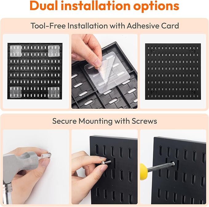 6Pcs Black Peg Board Wall Organizer, Plastic Pegboard Panel, Garage Storage Tool Organizer for Wall, Craft Room, Kitchen, Workshop, Office, Includes Hooks and Bins