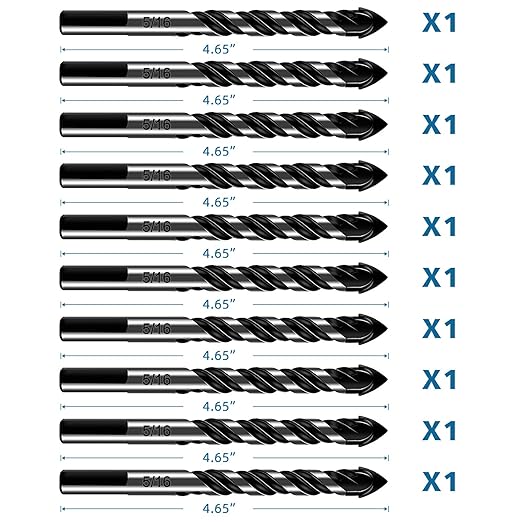10-Piece 5/16“ Masonry Drill Bits for Tile Glass Ceramic Wall Brick Stone Soft-Metal Wood, 5/16 Inch Concrete Drill Bits Cement Drill Bit Set, 3-Flat Shank, YG8 Carbide Tungsten Steel Alloy Tip 8mm