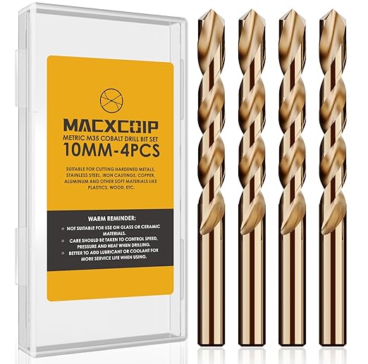 Metric 4Pcs M35 Cobalt Drill Bit Set, 10mm HSS Cobalt Jobber Drill Bits, for Hardened Metals, Stainless Steel, Cast Iron and Wooden Plastics