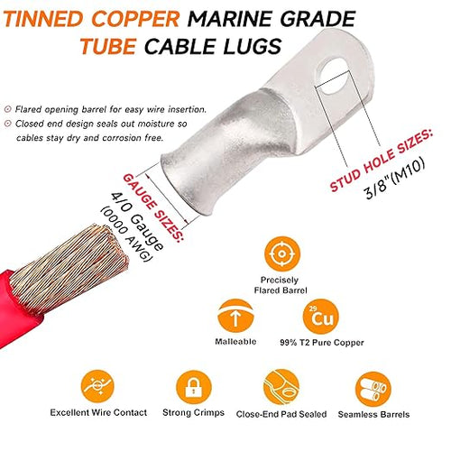 0000 Gauge Tinned Copper Cable Lugs 8 PCS 4/0 AWG-3/8(M10) Ring Terminal Heavy Duty Wire Lugs Battery Lugs, 8 PCS 4/0 Guage terminals Battery Cable Ends Connectors with 8 PCS 3:1 Heat Shrink Tube