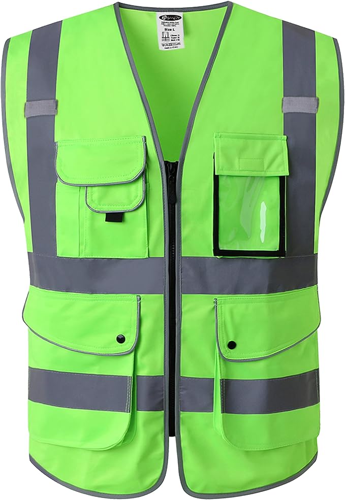 JKSafety 9 Pockets Class 2 High Visibility Zipper Front Safety Vest With Reflective Strips, Meets ANSI/ISEA Standards (150-Green, 3X-Large)