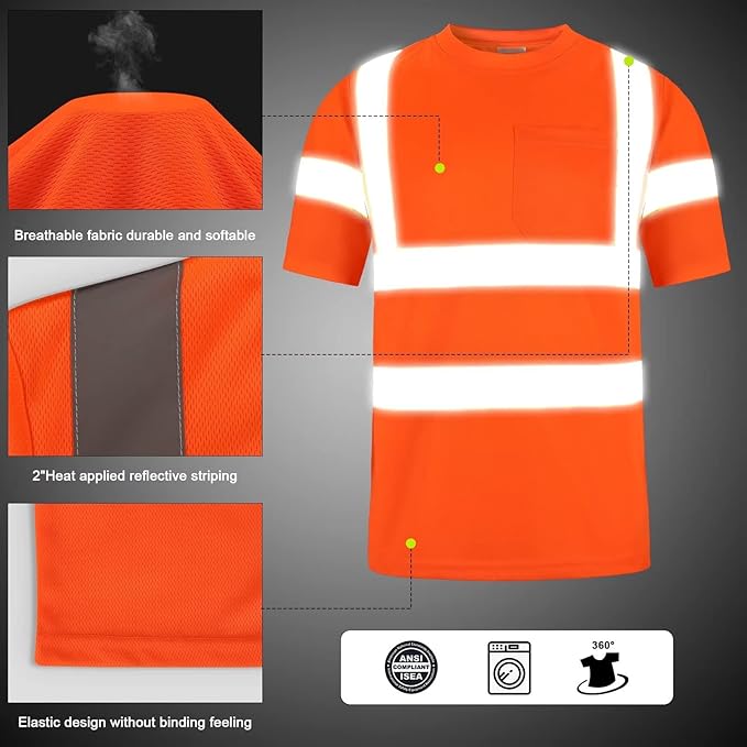 High Visibility Class 3 T Shirts，Hi Vis Safety Shirts with Reflective Strips and Pocket, Short Sleeve Quick Dry Mesh Construction Work Shirt for Men/Women Orange,Medium