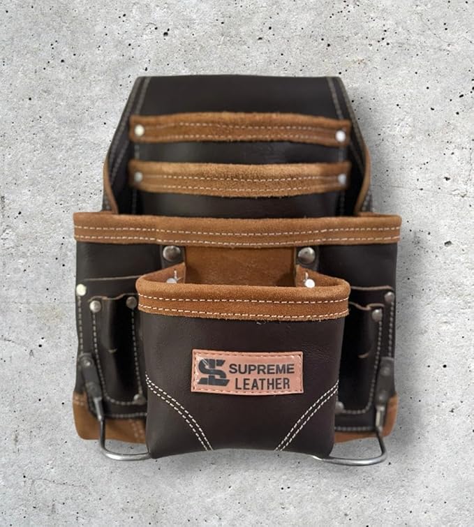 Supreme Leather Tool Pouch for Construction Carpenter Tool Bag Electrician's Pouch | 10 Pockets 2 Stainless Steel Hammer Holders Top Grain Leather Bag
