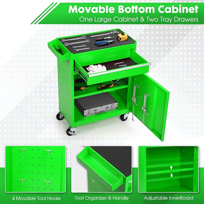 5-Drawer Rolling Tool Chest with Wheels - Large Tool Storage Cabinet with Detachable Toolbox for Repair Room,Warehouse - Rolling Tool Box with Hooks,Liners, Green