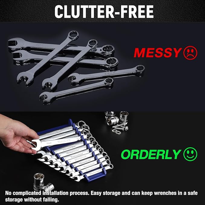 ALOANES 48-Slot Magnetic Wrench Organizer, Wrench Organizer Tray for Tool Box&Wall Mounted, Wrench Holder Fit SAE & Metric Wrench Storage, 4 Pack(Red&Blue)