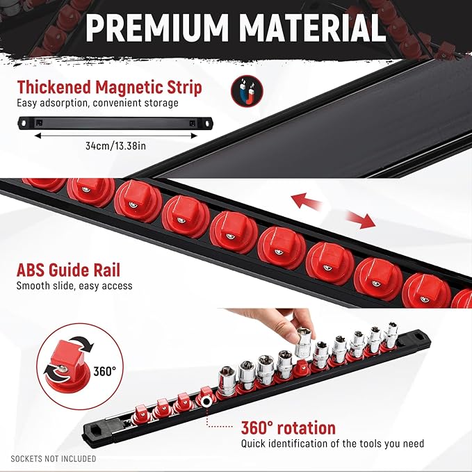 Magnetic Socket Organizer, 1-Piece Heavty Duty ABS Socket Holder, Socket Rail for Tool Box, Premium Quality 360° Swivel Socket Rack with 14 Clips for 1/4-Inch(Red)