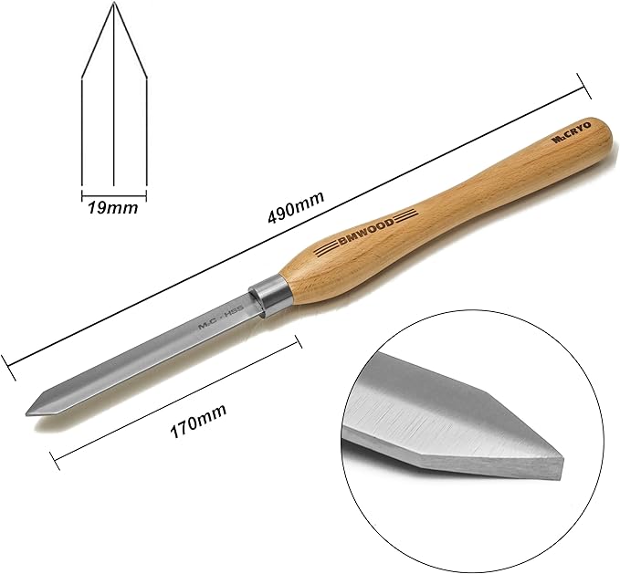 Cryo M2 HSS Diamond Parting Tool 3/16" with 12-1/2" Beech Handle for Woodturning Chisels