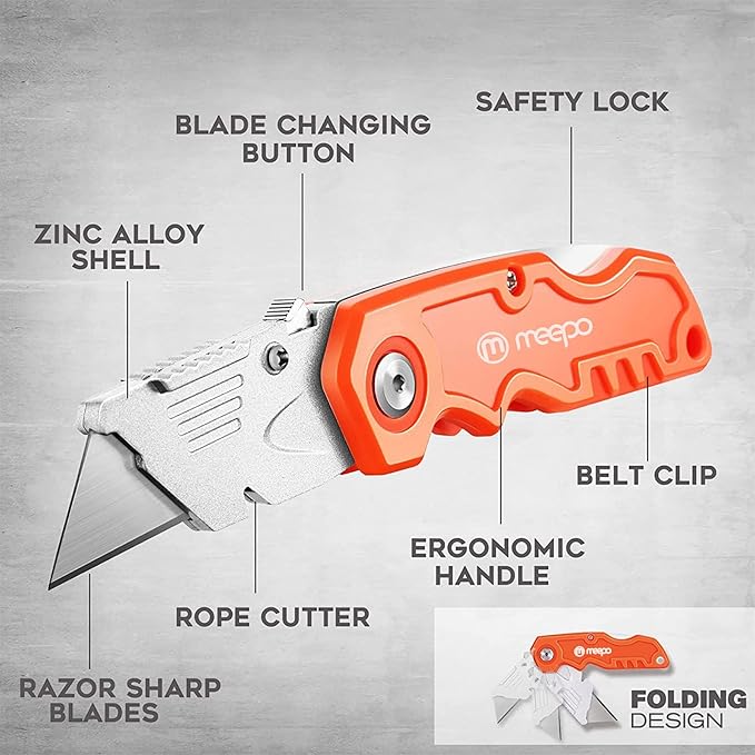 Box Cutter, 4-Pack Tough Folding Box Cutter for Heavy Duty Purpose, Razor Sharp Blade, Comfortable Handle, with Extra 10-Piece Blades, Can cut Drywall, Sheet Plastic, Linoleum, Boxes, Rope