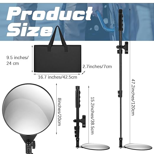 Barydat 2 Pack Under Vehicle Inspection Mirror with Telescoping Handle and Light 8 Inch Diameter Security Angle Adjustment Handheld Inspection Mirror for Under Car Truck Equipment Over Shelf