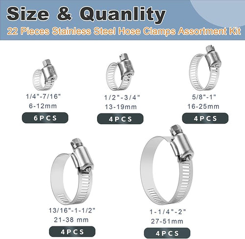 22pcs Premium Stainless Steel Hose Clamp Assortment Kit, Worm Gear Clamps, 1/4"-2" (6-51mm) Small Hose Clamps for Plumbing, Automotive, Industrial, and Home Use