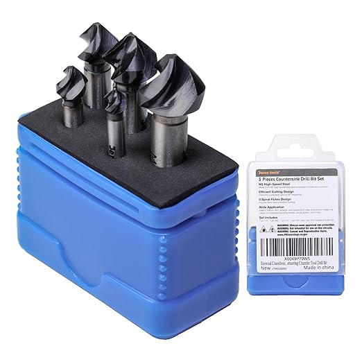 Countersink Drill Bit Set, 5 Pieces M2 High Speed Steel with 82 Degree, 3 Spiral Flutes, Tri-Flat Shank, Cutter Bit Countersink in Size 1/4" 3/8" 1/2" 5/8" 3/4" for Wood, Metal, Plastic...
