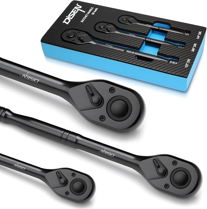 DISEN 3PCS Black Ratchet Set (1/2", 3/8", 1/4" Drive) - 90-Tooth Contour Handle, Black Oxide Finish with Reversible Quick Release & EVA Tray - Industrial Ratchet Wrench Kit