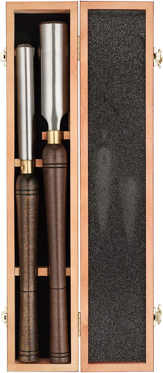 2-Pieces HSS Roughing Gouge Lathe Chisel Set Wood Turning Tools with Wooden Box, 1-Inches and 2-Inches