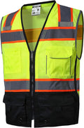 SKSAFETY 10 Pockets Professional Safety Vest, Class 2 High Visibility, ANSI/ISEA Standard, Construction Work Vest (Lime Black, 4XL)