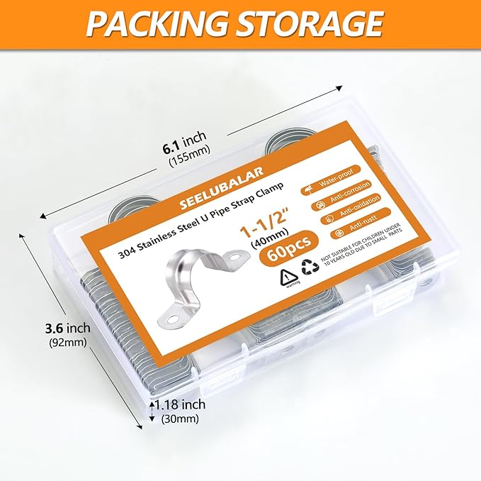 60 Pack M40 (1-1/2") Stainless Steel Pipe Straps - Heavy Duty U-Bracket Clamps with 2 Holes for Rigid Pipe, Cable, and Conduit Fastening (1.57" Width)