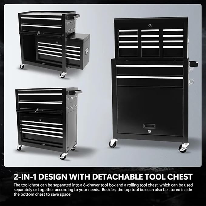 Rolling Tool Chest - 8 Drawers Tool Box Organizer with Lockable Wheels, Sliding Drawers, Detachable Top Tool Box - Tool Storage Cabinet for Garage Workshop, Black