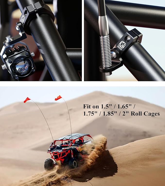 BRCOVAN UTV Whip Flag Mount, Solid Aluminum Alloy Whip Light Mount, Off-Road LED Light Bar Mounting Bracket, 360° Adjustable Roll Cage Clamp Holder Fit 1.5''/1.65'' /1.75''/1.85''/2'' Roll Bars, 1PC