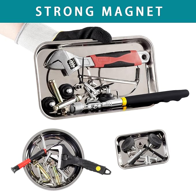 3 Pieces Magnetic Trays with 8LBs Telescoping Magnetic Pick-up Tool Set, 9.5" and 3.7" Rectangle, 6" Round Bowl Stainless Steel Magnet Parts Tray for Screws, Mechanic's