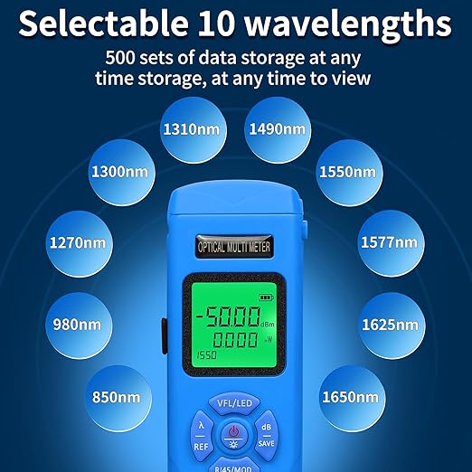 Rechargeable Optical Power Meter L-C50-15km mini Fiber Cable Tester Suitable for SC/FC/ST/LC Interface 4-in-1 Function Built-in 15km Visual Fault Locator RJ45 Network Testing with 1 FC-LC Adapter