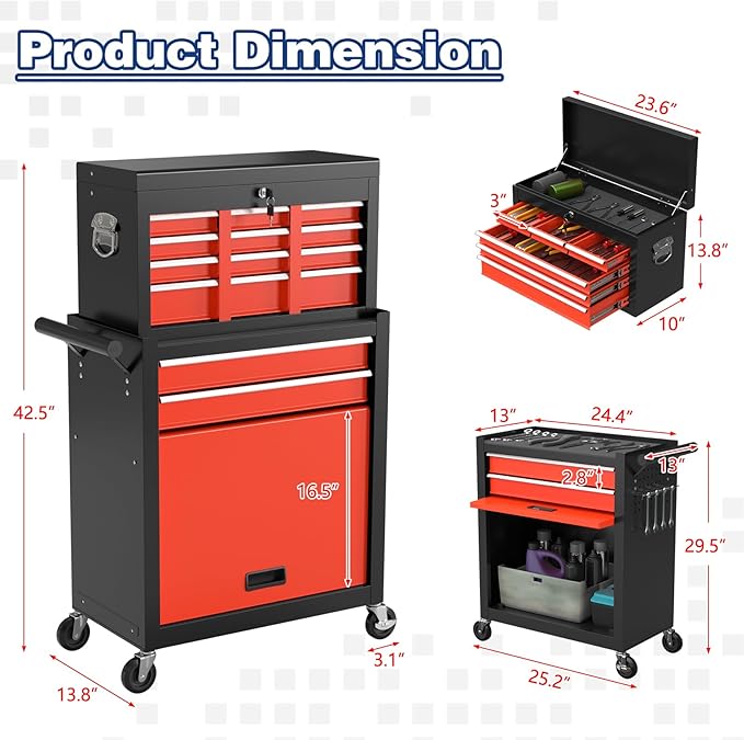 Rolling Tool Chest with Wheels, 8-Drawer High Capacity Tool Box with Wheels, Removable Storage Toolbox with Lock for Garage, Workshop