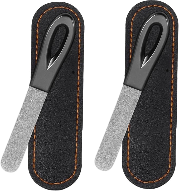 Metal Nail File, Stainless Steel Fingernail Files Double Sided Grit Nail Filer with Leather Cases and Non Slip Handle (2 Pack 3.6IN Gunmetal Files with PU Cases)