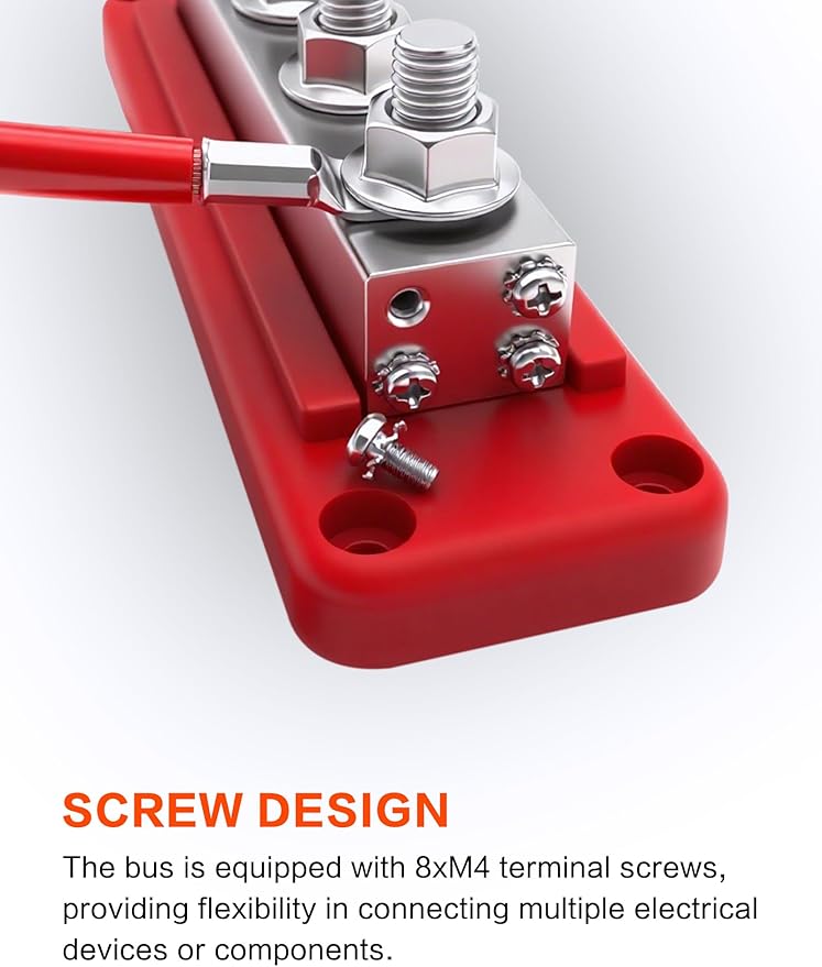 600A Heavy-Duty Bus Bar Nickel Plated Copper Distribution Terminal Block with Cover 4 M10 (3/8 in) Studs & 8 Screws Buss Bar for Solar RV Marine Car Audio 12-48V DC Battery System (Red)
