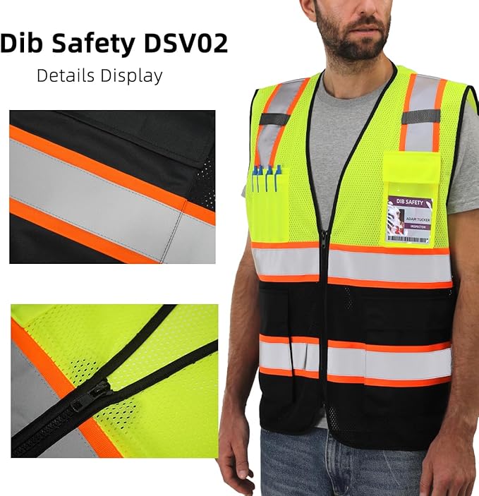 Dib Safety Reflective Mesh Vest High Visibility Two Tone with Pockets and Zipper, Yellow and Black Mesh with Orange Trim M