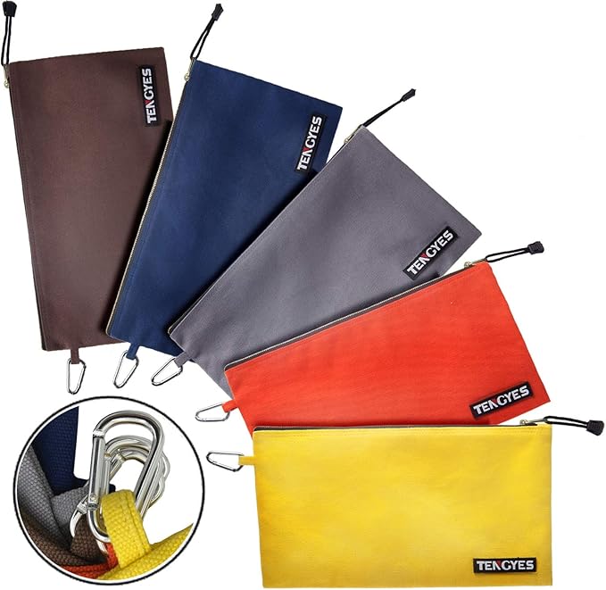 Canvas Tool Pouch Zipper Bag - 5 Pack Utility Bags Heavy Duty Metal Zippers Pouches with Carabiner, Multi Storage Organizer Clip on Tote Bags