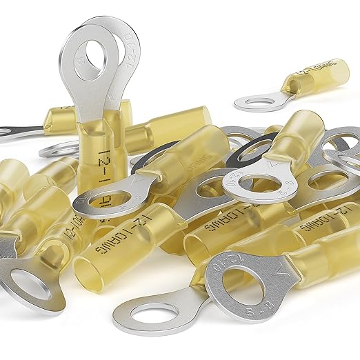 AIRIC 12-10 AWG - 5/16" Heat Shrink Ring Terminals, Copper Terminal Connector Ends, Battery Cable End Lugs, Yellow Insulated Electrical Crimp Wiring Connectors, Wire Lug for 12, 10 Gauge Wires, 50 PCS