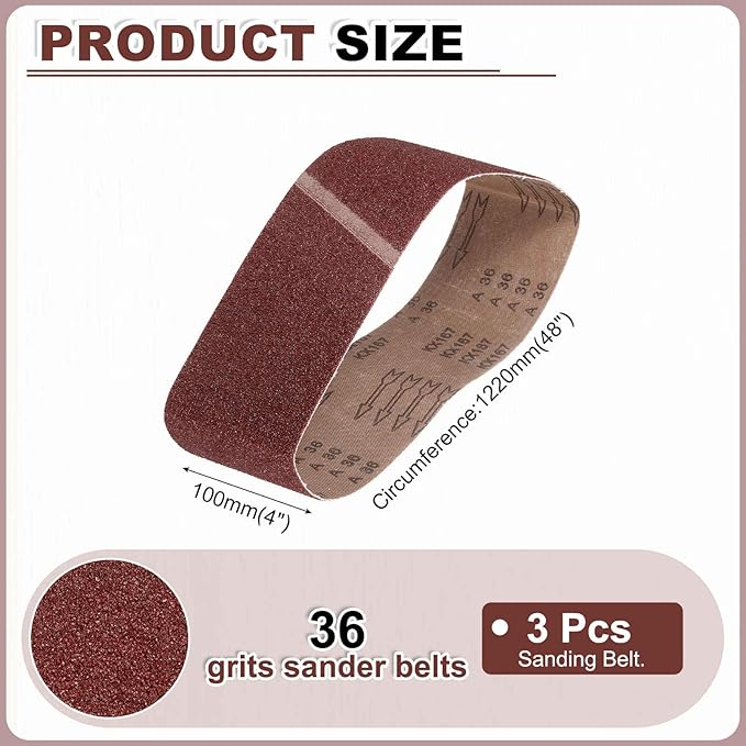 HARFINGTON 4 x 48 Inch Sanding Belts, 3 Pcs 36 Grit Aluminum Oxide Abrasive Belt Sander File Belt for Woodworking, Metal Polishing, Knife Sharpener