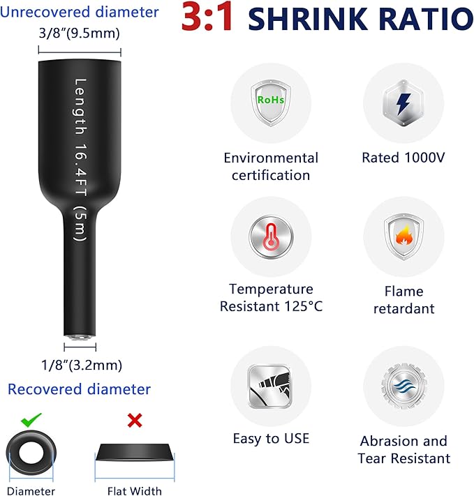 3/8inch Heat Shrink Tubing, 16.4 Ft 3:1 Heat Shrink Tube Dual Wall Adhesive Lined, Waterproof Marine Shrink Wrap Tubing, Electrical Industrial Automotive Sealing Heat Shrink Tubing for Wire Insulation