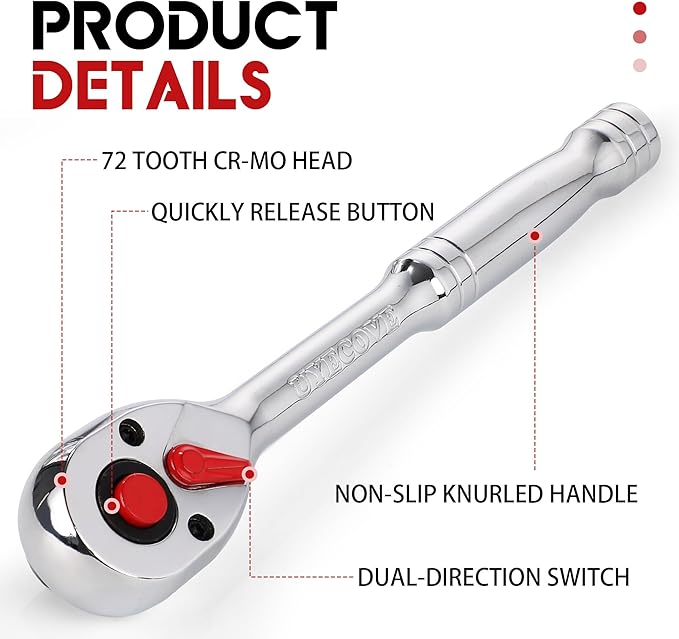 1/4 Inch Drive Ratchet Wrench, 1/4 Ratchet, Socket Wrench, 72-Tooth Quick-release Reversible Cr-Mo Head, Chrome Steel Made - 5.9''15cm