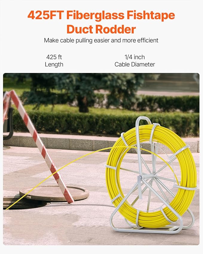 VEVOR Fiberglass Fish Tape 425 FT x 1/4 inch, Fish Tape Duct Rodder Puller with Durable Steel Stand, Non-Conductive Fishtape Wire Cable Running Rod for Walls, Floor and Electrical Conduit